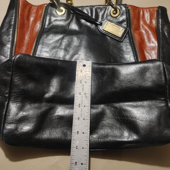 Badgley Mischka Expandable Black Leather Bucket Bag Tote Shopper Mayra Shine - Picture 10 of 16